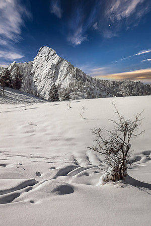 Flatirons in Snow With Crescent Moon, Boulder, CO
