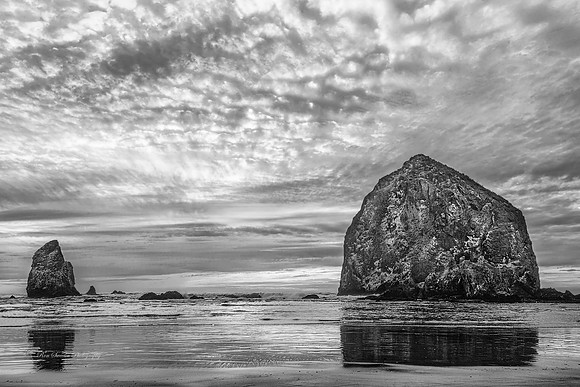Haystack Rock Sunset 4 Cannon Beach Oregon BW