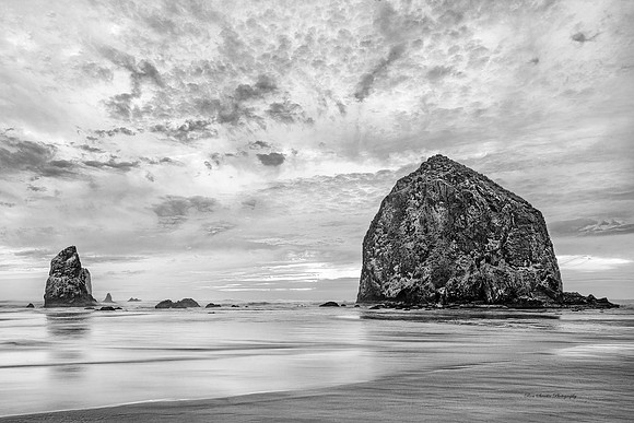 Haystack Rock Sunset 5 Cannon Beach Oregon BW