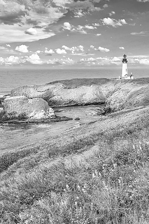 Yaquina Head Lighthouse Oregon Meadow View BW
